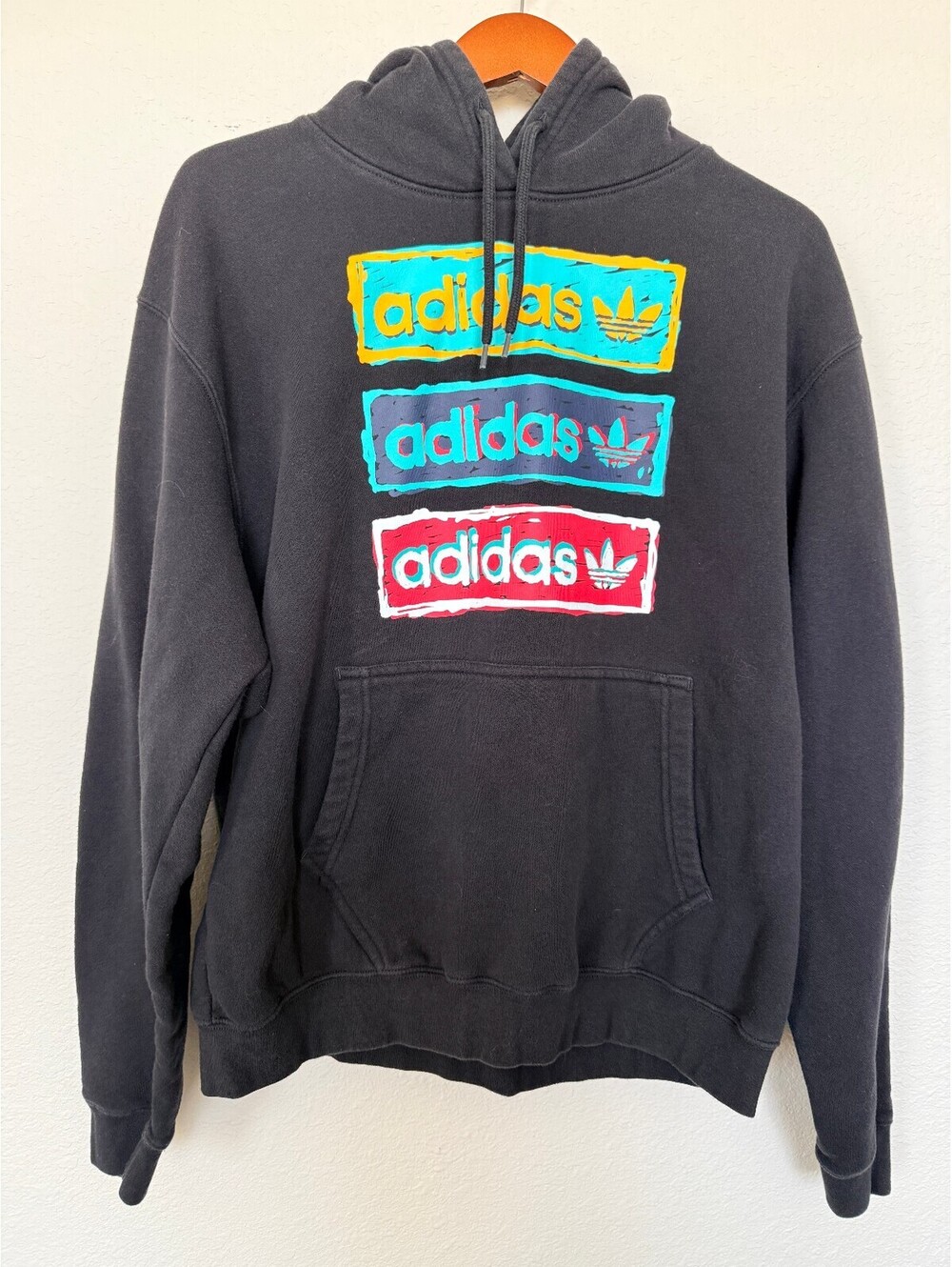 Adidas Originals Hoodie Mens L Black Trefoil Graphic Pullover Sweatshirt